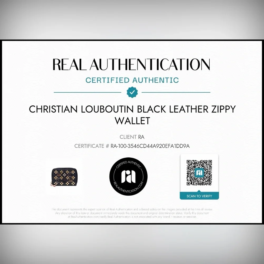 Christian Louboutin Black Leather Studded Compact Zip Wallet | COA + Dust Bag